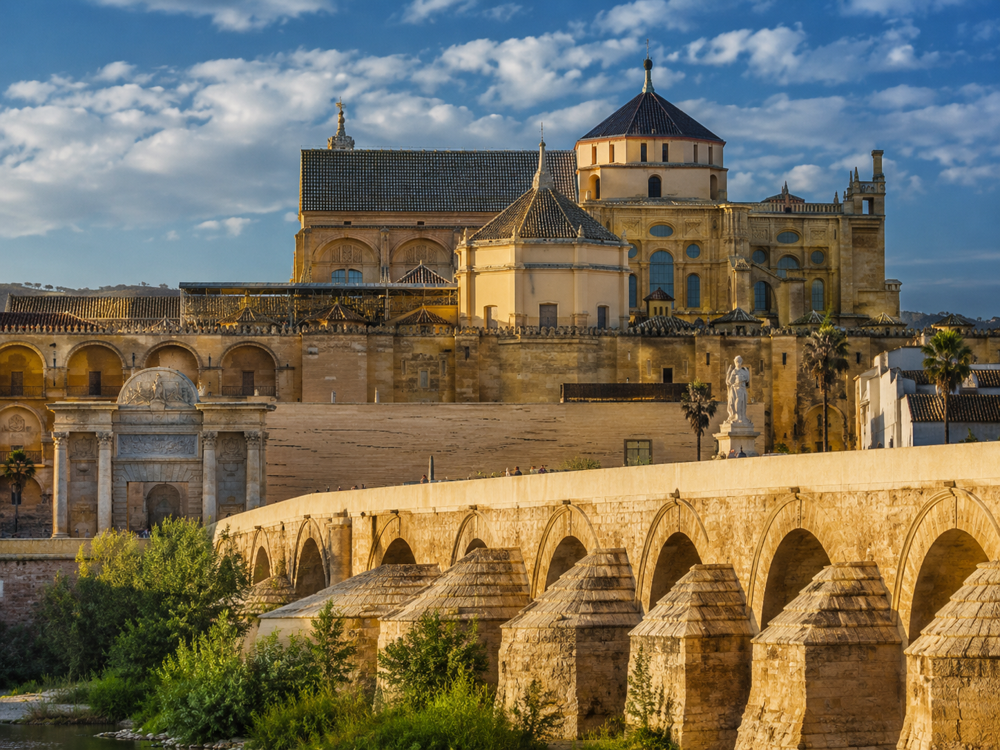 Mezquita-Catedral de Córdoba y Puente Romano bajo un cielo azul