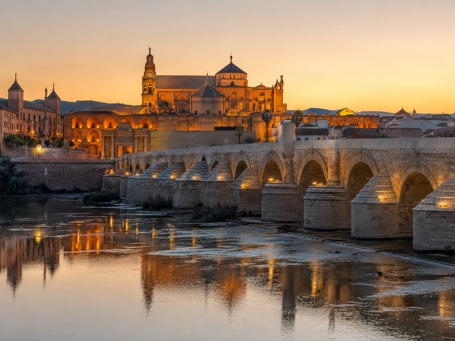 Puente Romano de Córdoba y Mezquita-Catedral al atardecer