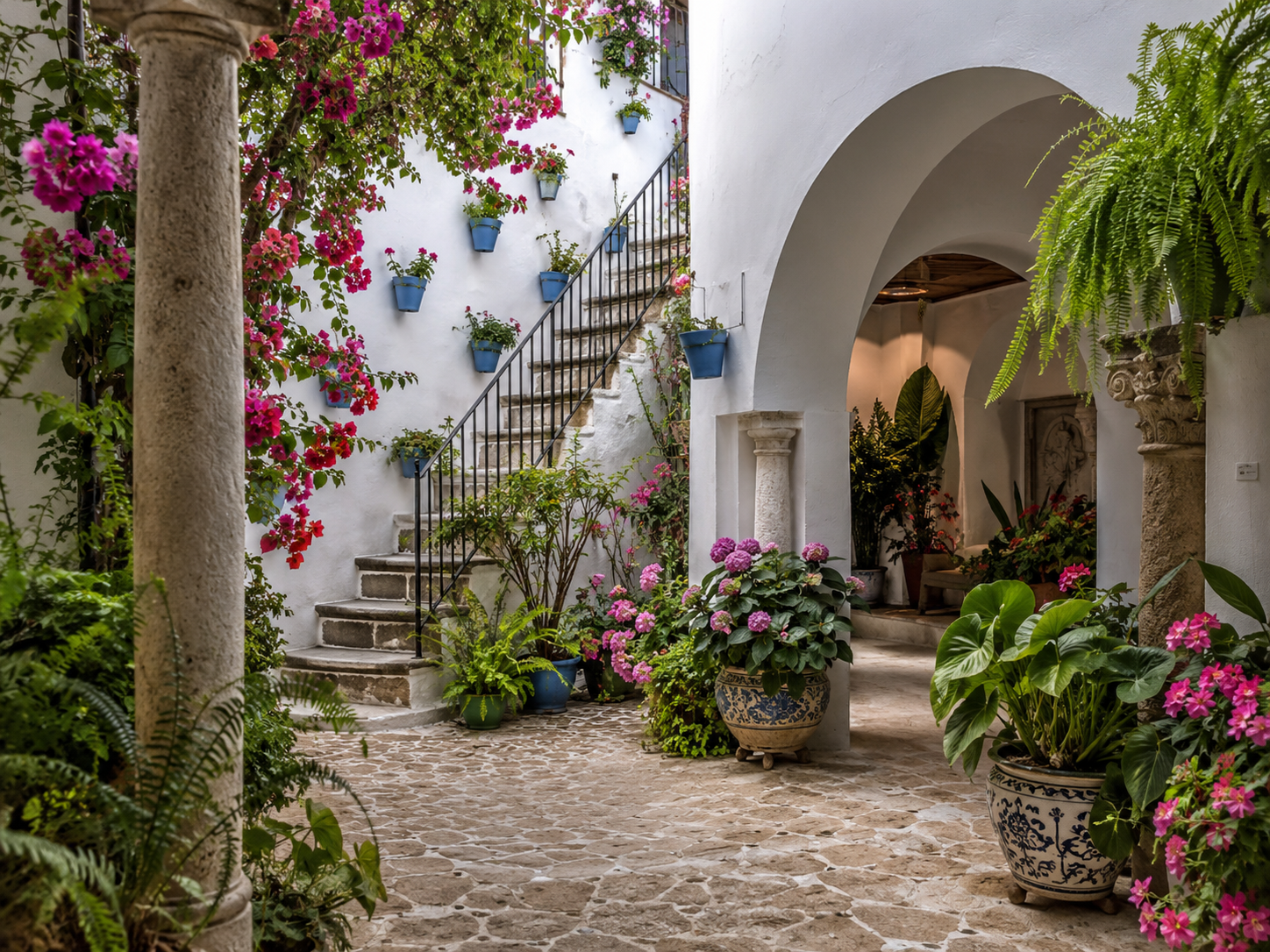 Patio cordobés tradicional con flores, arcos y macetas