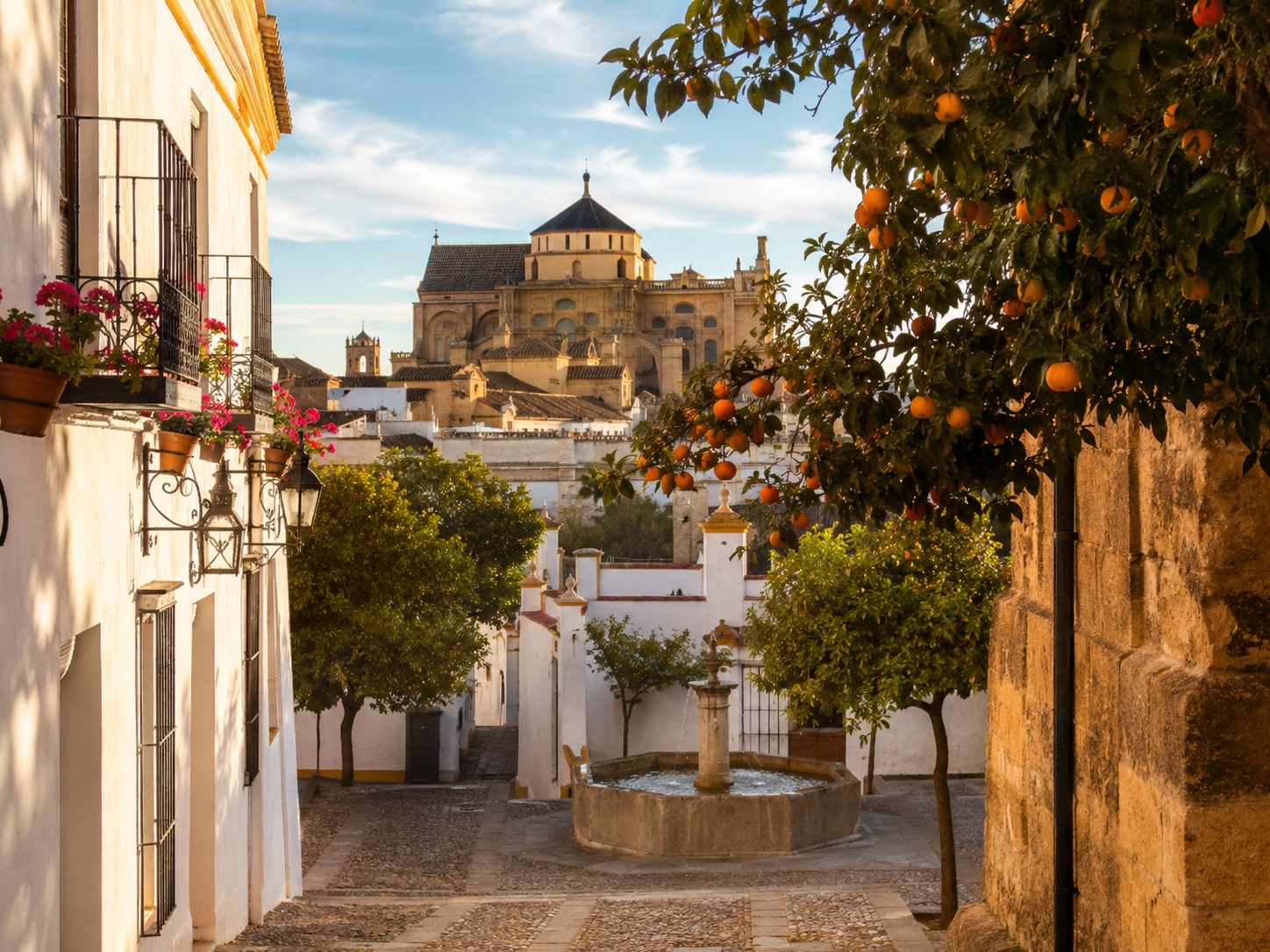 Barrio histórico de Córdoba con naranjos y fuente